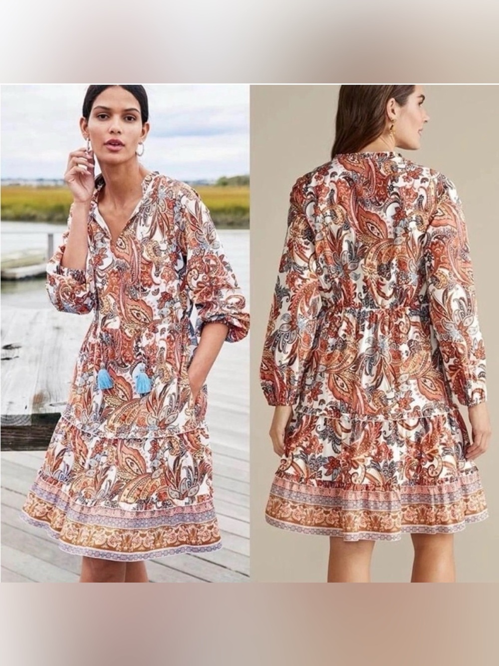 Soft Surroundings Coral/Brown/Blue Colorful Paisley Boho Aline Dress Size Small